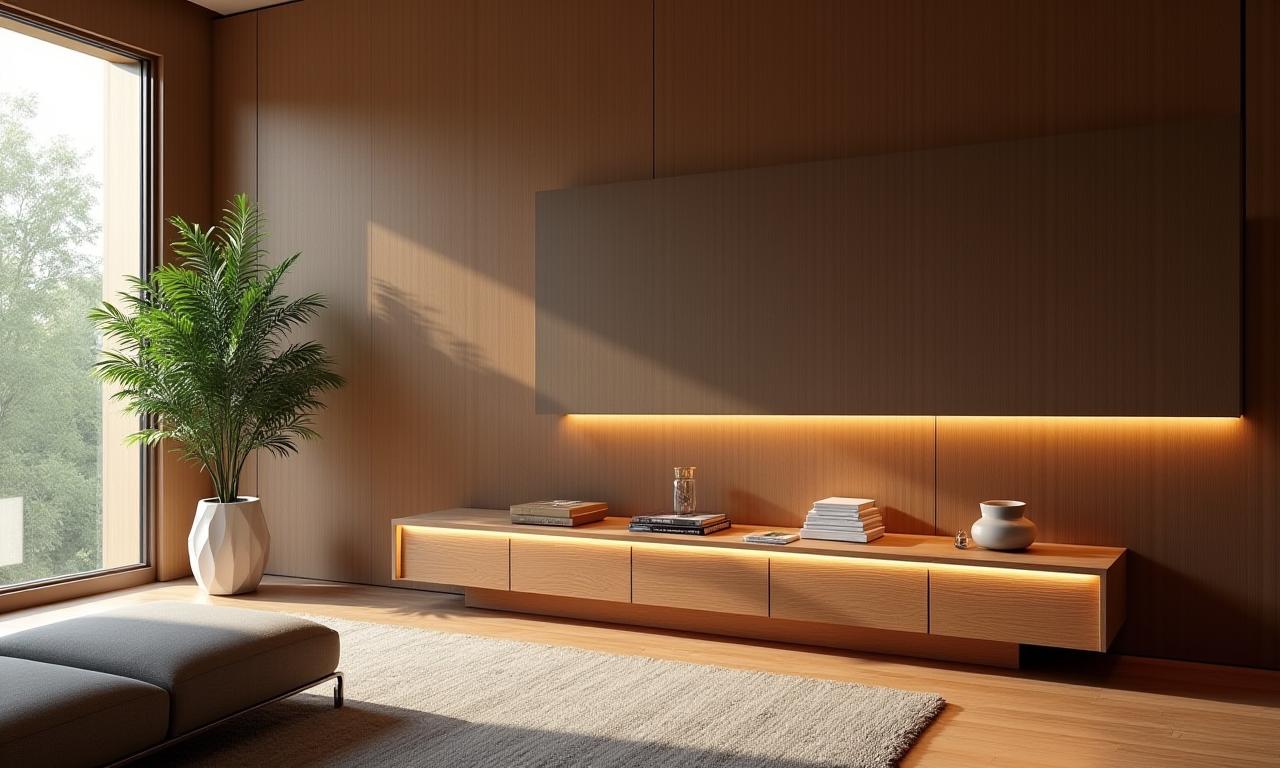 Rumi Spaceの美しい照明一体型家具のある洗練されたリビングルーム