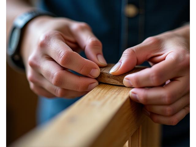 木製の家具の精密な関節を仕上げる職人の手元