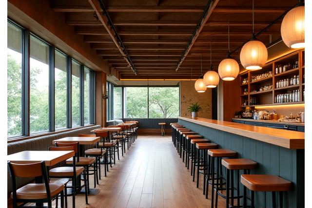 温かい木材と落ち着いた照明を使用した、広々としたカフェのインテリアデザイン。