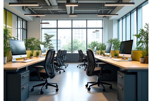 機能的でモダンなオープンオフィススペース。人間工学に基づいた家具と集中を促す照明。