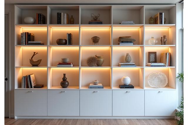 壁一面に設置されたモジュール式カスタムシェルフユニット。一体型照明が飾られた品々を照らす。