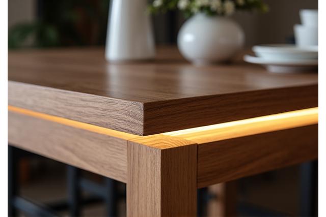 オーダーメイドの無垢材ダイニングテーブル。埋め込み式のLED照明が特徴。