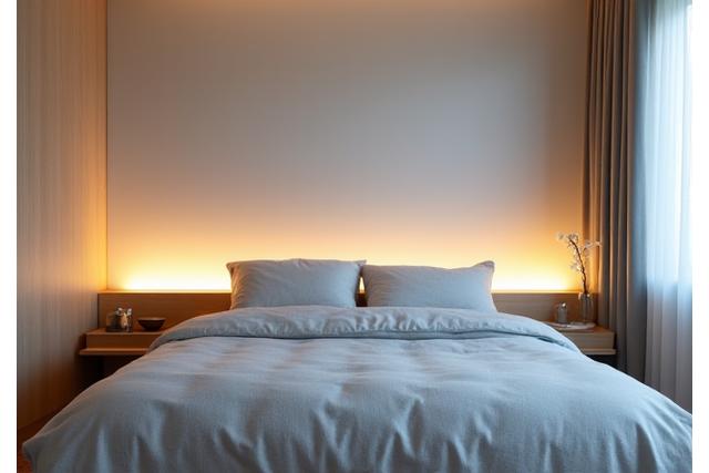 寝室の間接照明とミニマルなベッドフレーム。落ち着いた色合い。