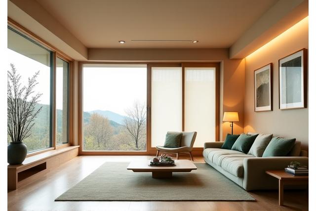 モダンな日本の住宅のリビングルーム。ミニマリストな家具と柔らかな間接照明が特徴。